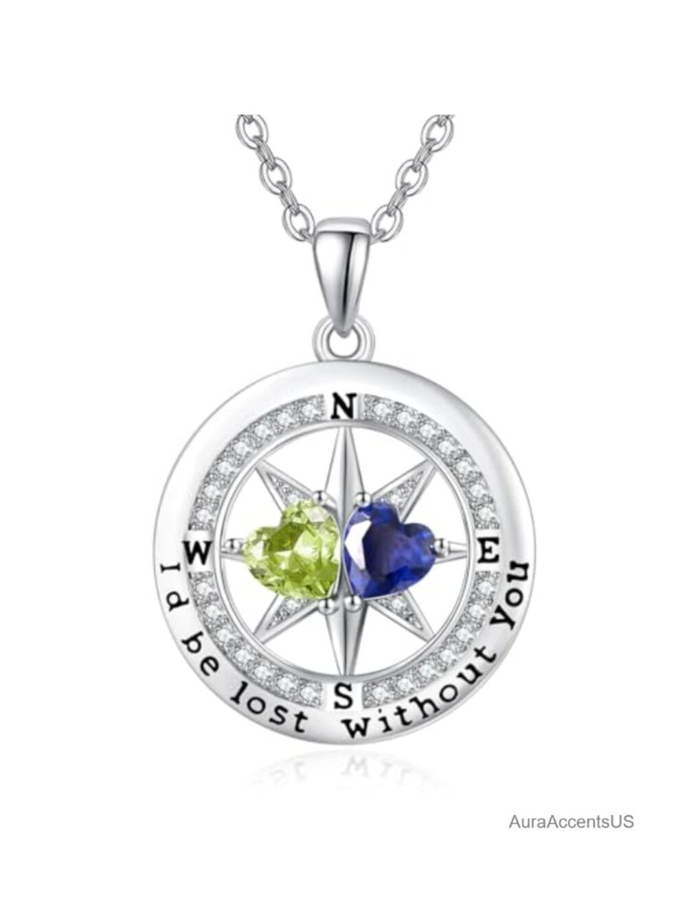 Compass Birthstone Pendant Necklace White Gold Plated 18+2" Anniversary Gift